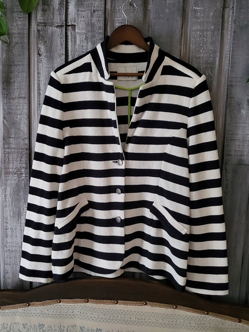OUI Striped 100% Cotton Knit Blazer Jacket Black White Neon Trim XL